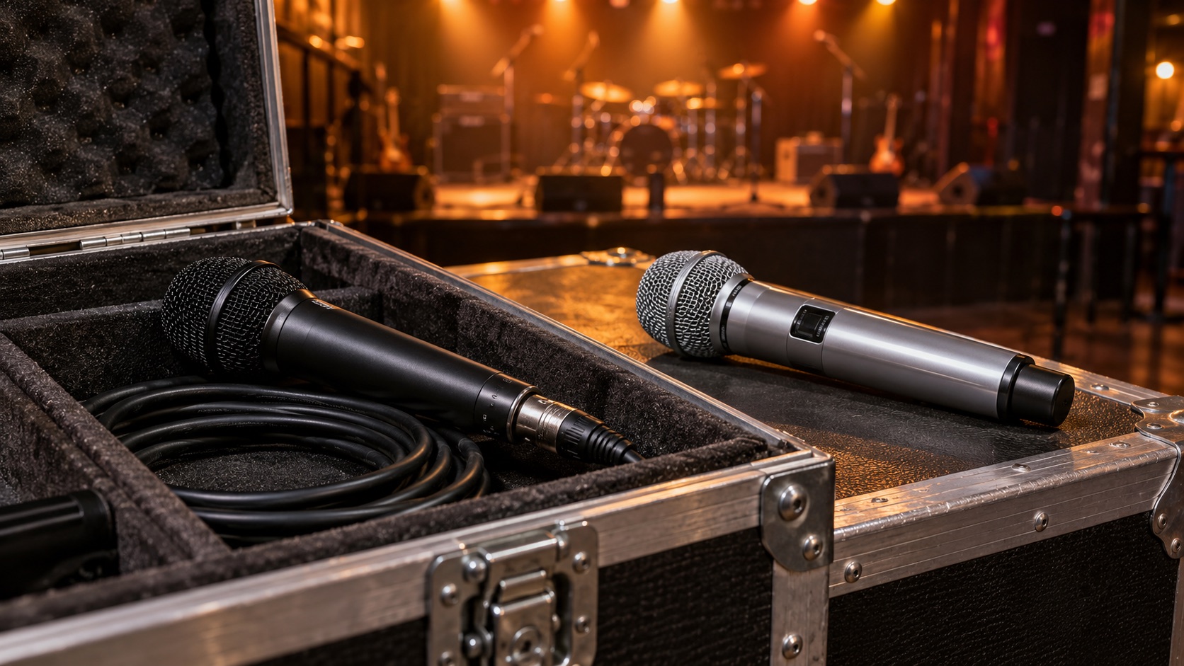 AI-generated illustration of a wired backup microphone and wireless vocal microphone