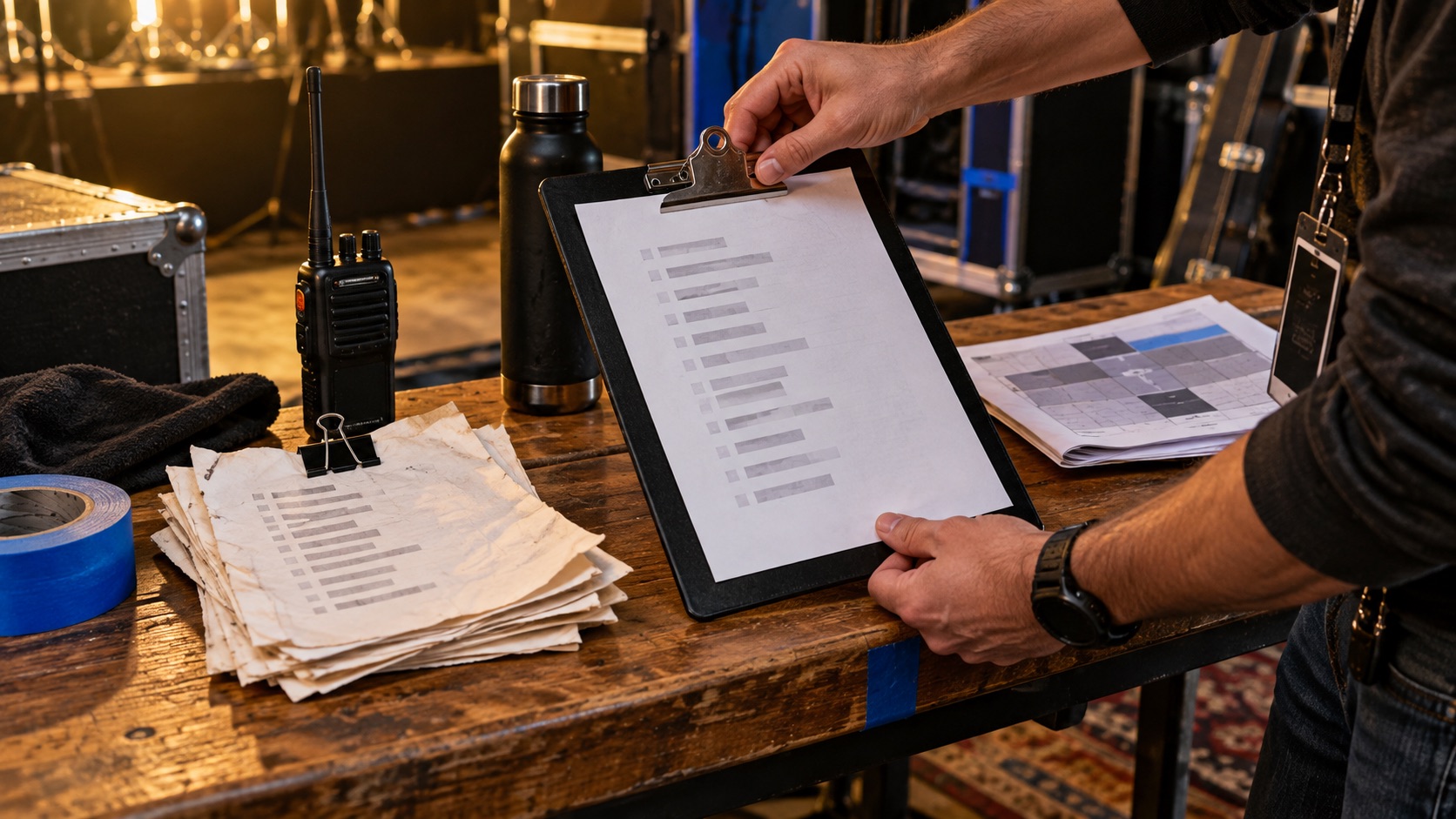 AI-generated illustration of a manager preparing a confirmed setlist and collecting old drafts