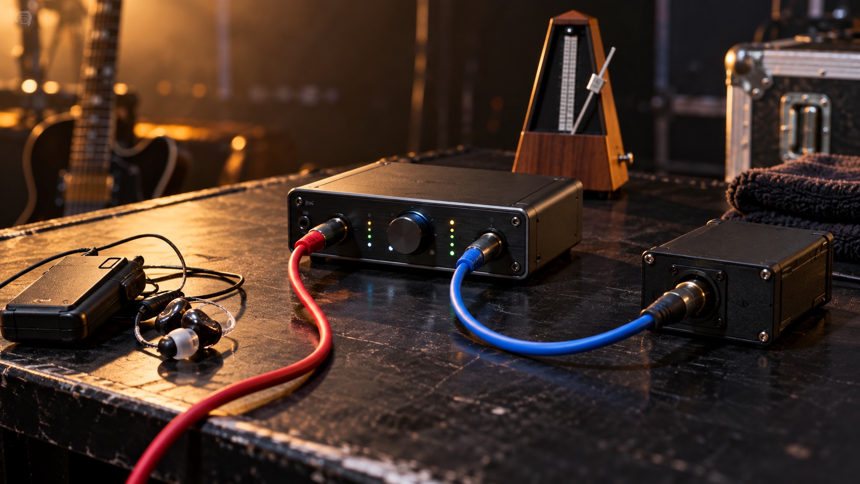 AI-generated illustration of separate playback cables, in-ear equipment and a metronome