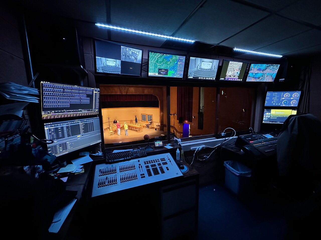 Theatre sound and lighting control booth