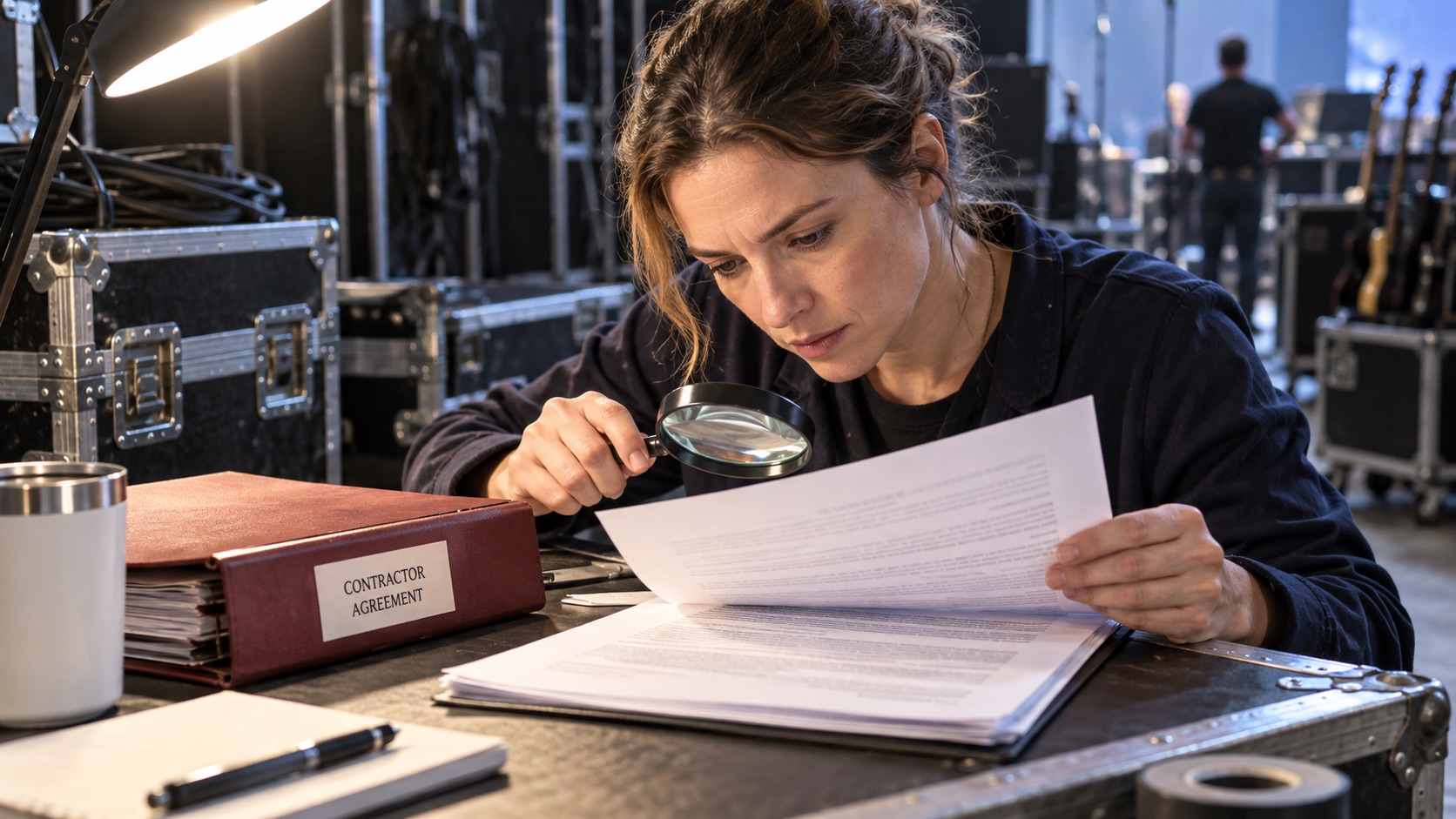 AI-generated illustration of a production manager reviewing contractor paperwork
