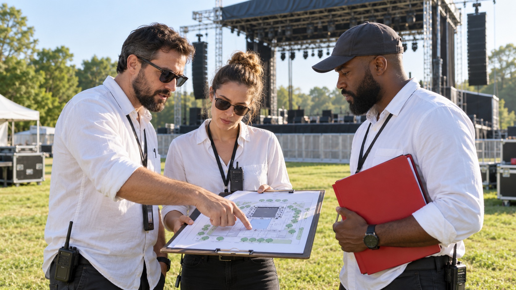 AI-generated illustration of production coordinators reviewing a venue site plan