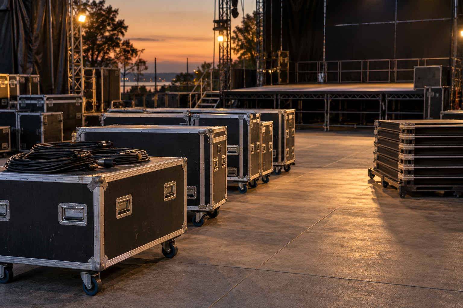 AI-generated illustration of touring cases and packed stage equipment after a concert
