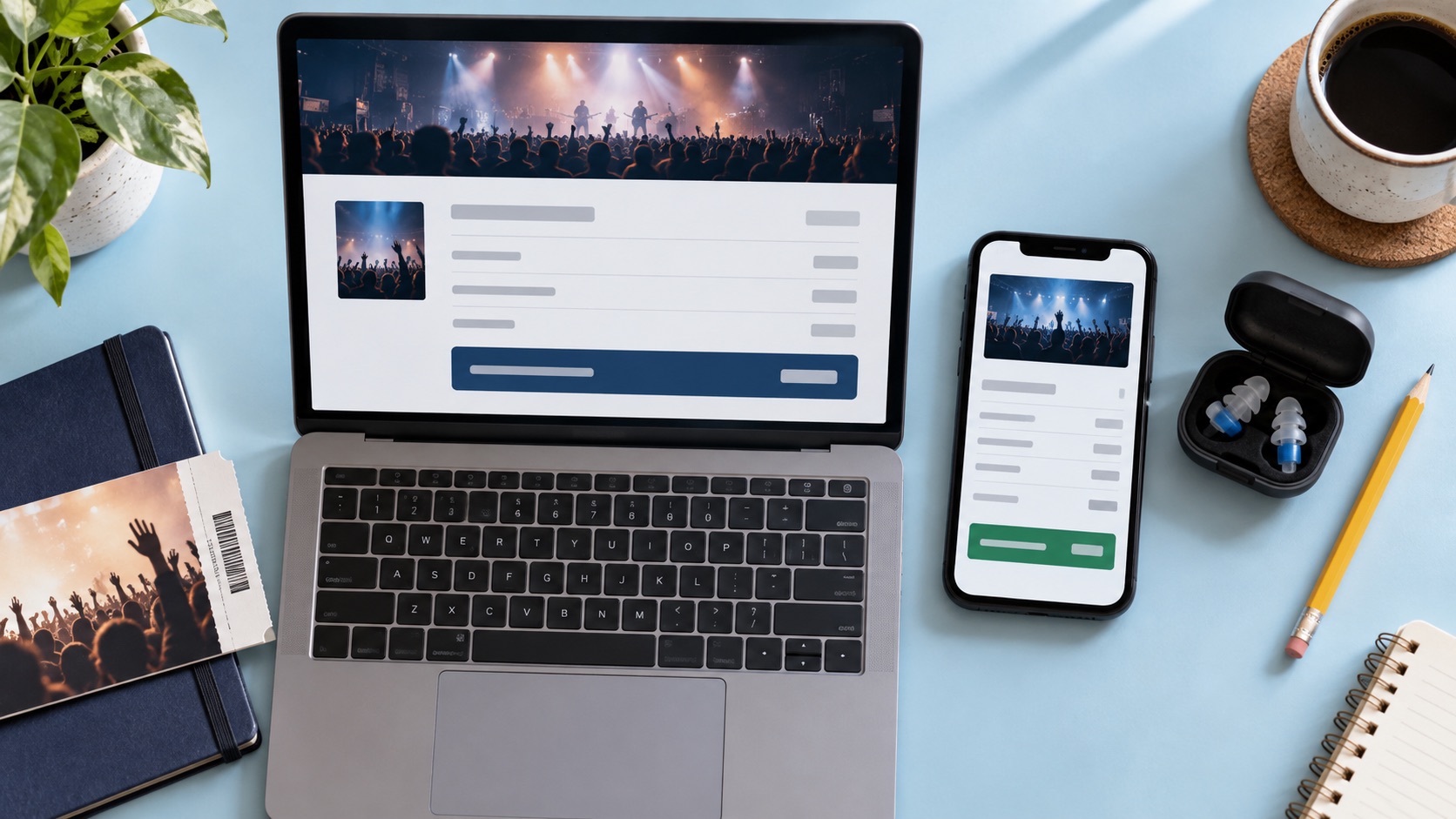 AI-generated illustration of ticket checkout comparisons on a laptop and phone