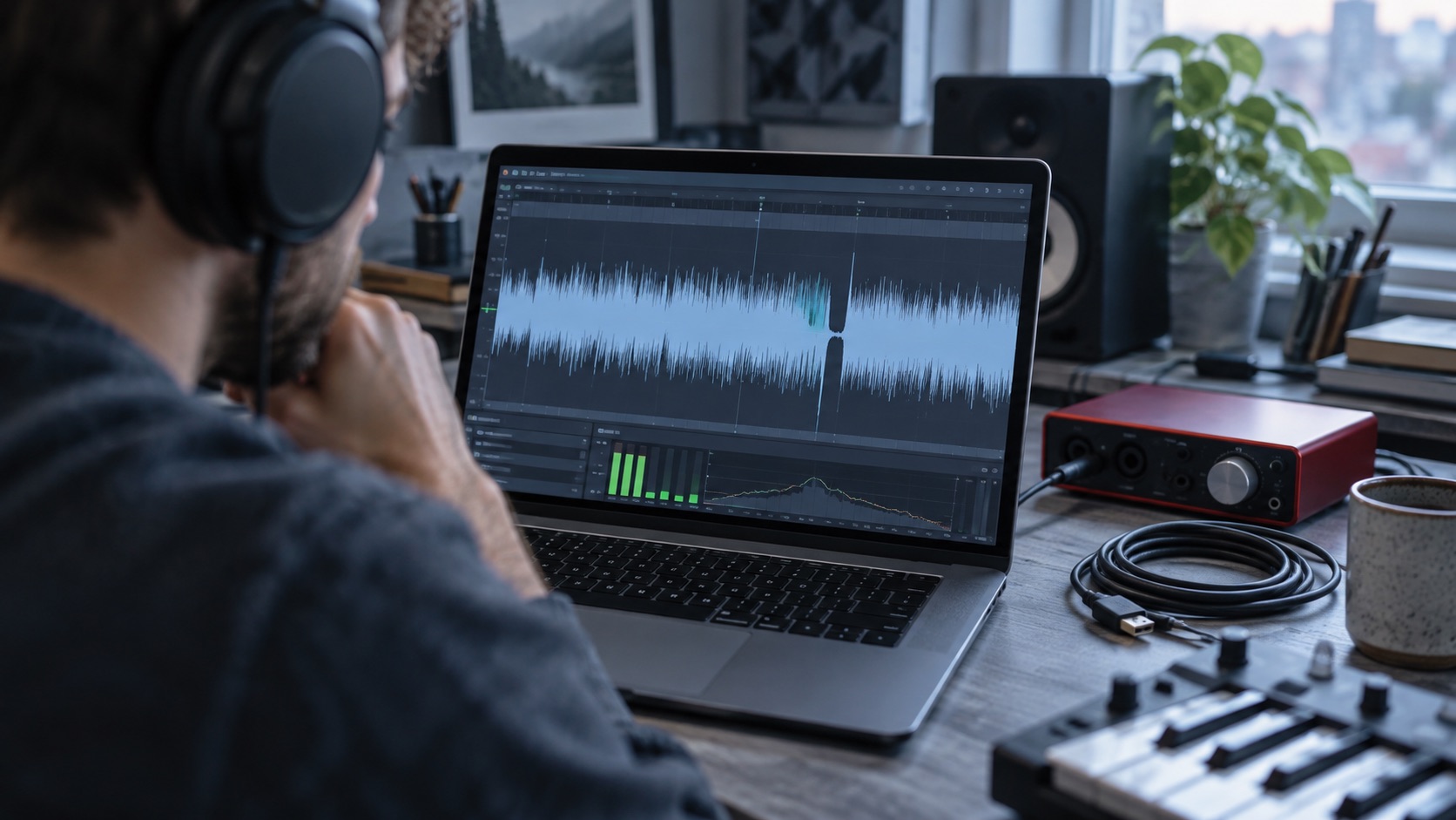 AI-generated illustration of a producer examining an audio waveform dropout