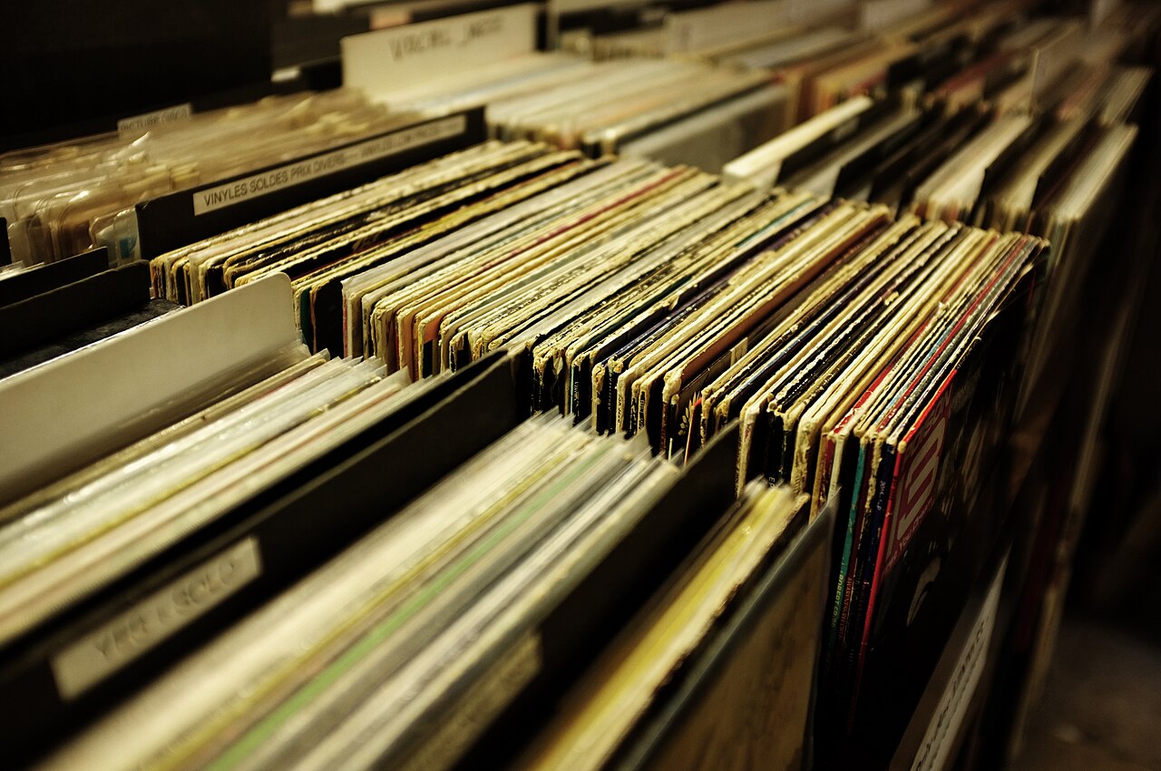 Rows of vinyl records in a record store
