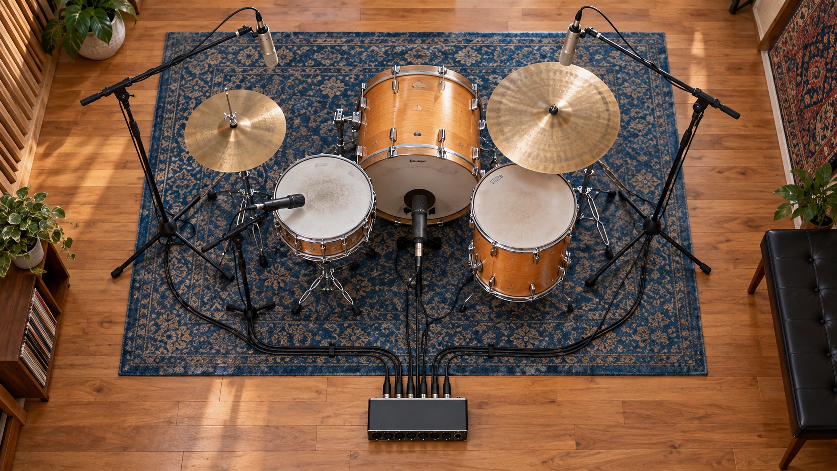 AI-generated illustration of a drum kit, microphones and a multi-input audio interface