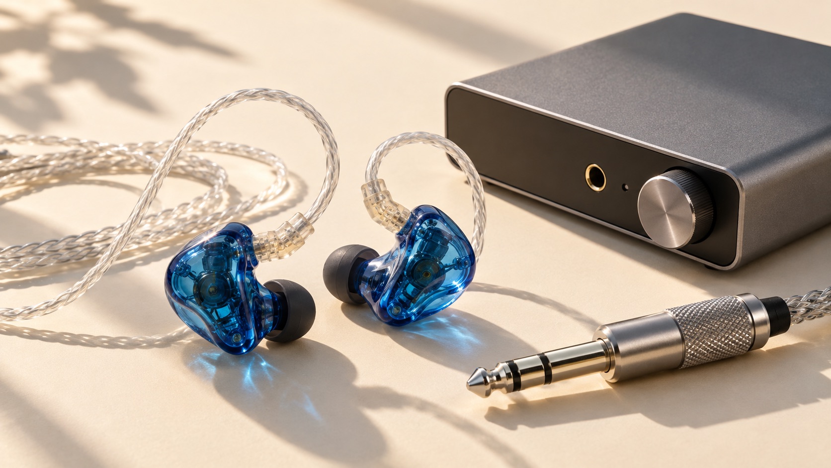 AI-generated illustration of blue in-ear monitors, an audio plug and headphone amplifier