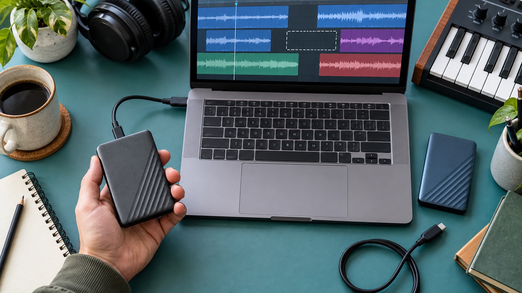 AI-generated illustration of external backup drives beside a music session with a missing clip