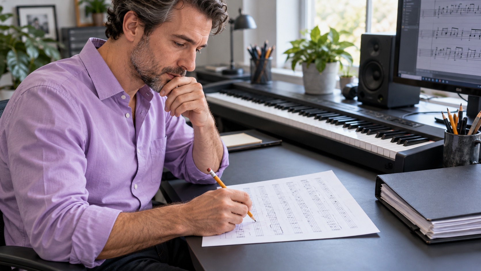 AI-generated illustration of a composer reviewing one consolidated page of revisions