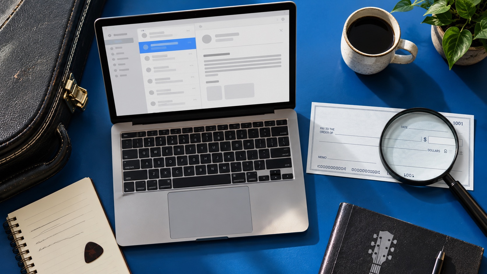 AI-generated illustration of a booking email and a blank check under a magnifying glass