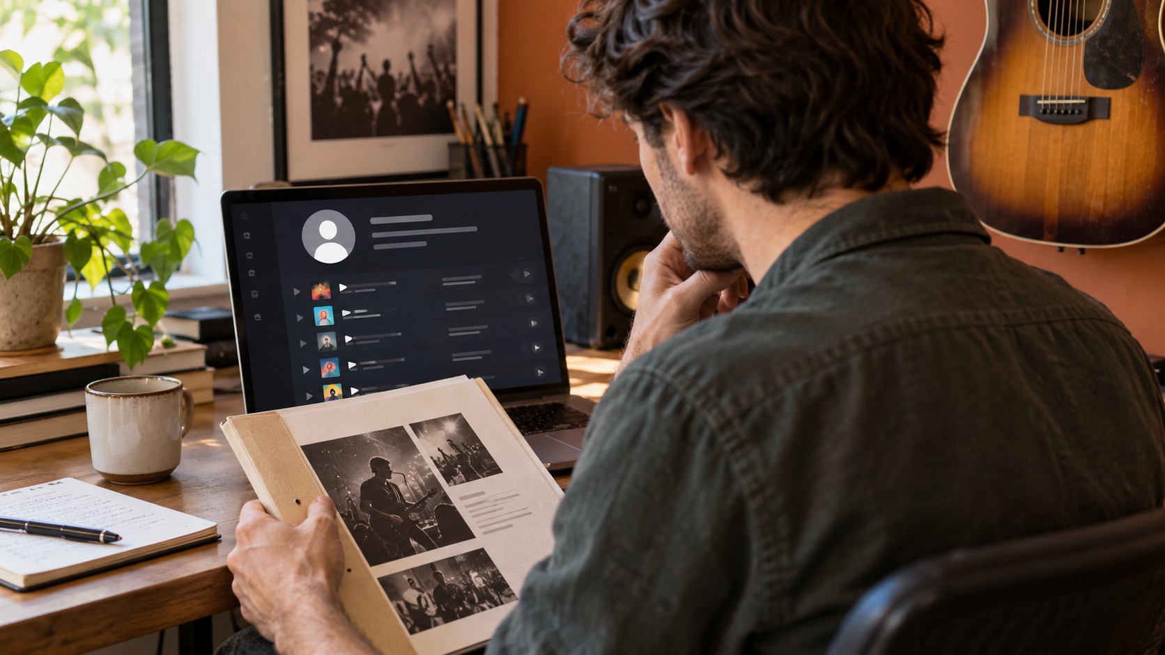 AI-generated illustration of a musician researching a playlist curator profile