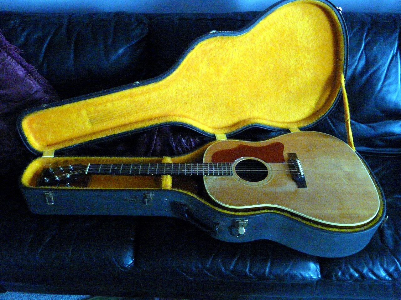 Acoustic guitar resting inside a hard travel case