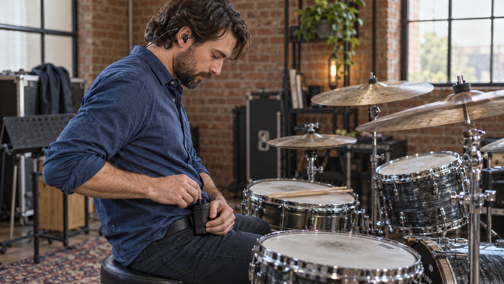 AI-generated illustration of a drummer adjusting in-ear monitor volume before rehearsal