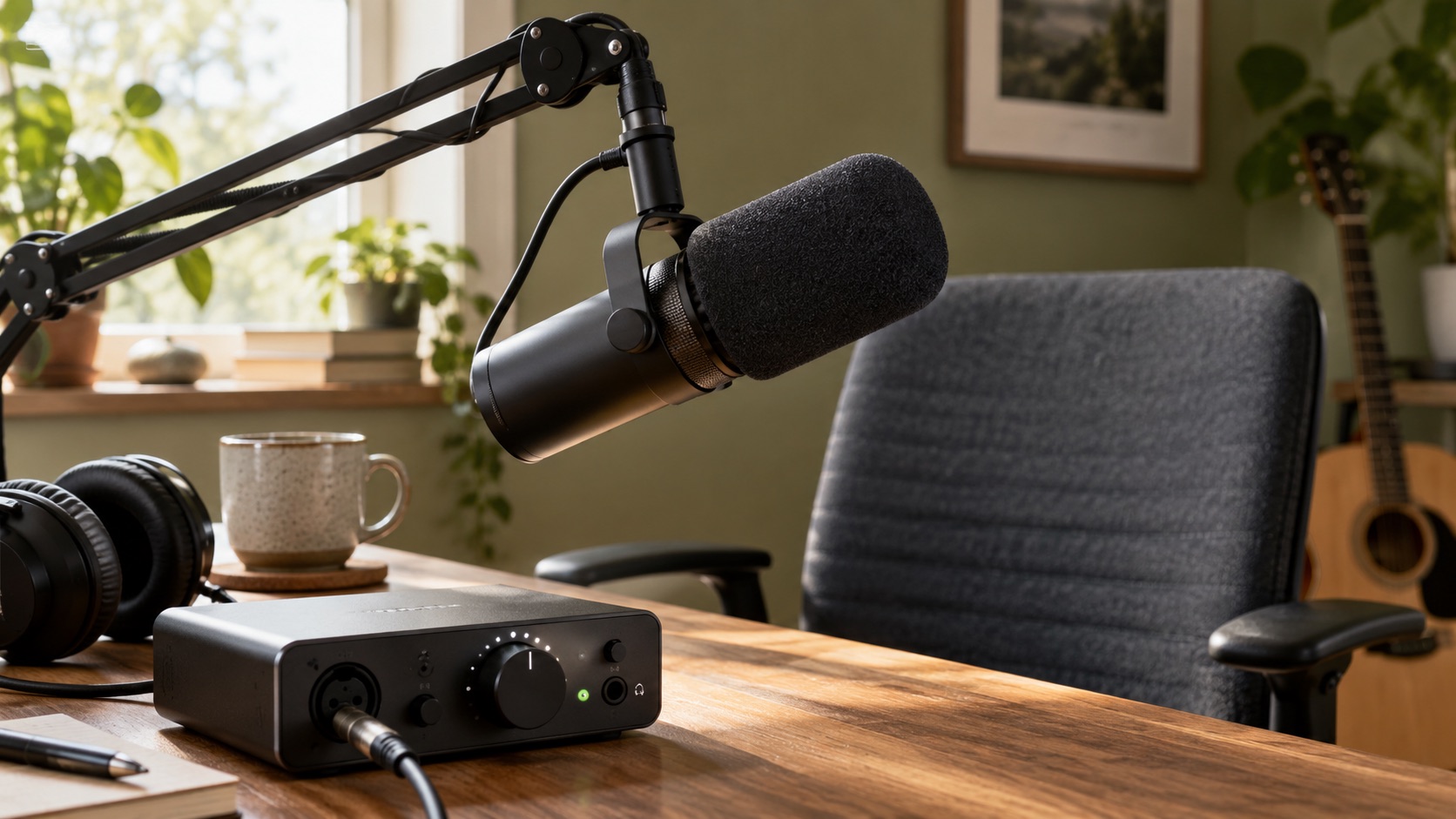 AI-generated illustration of a broadcast microphone and audio interface gain control