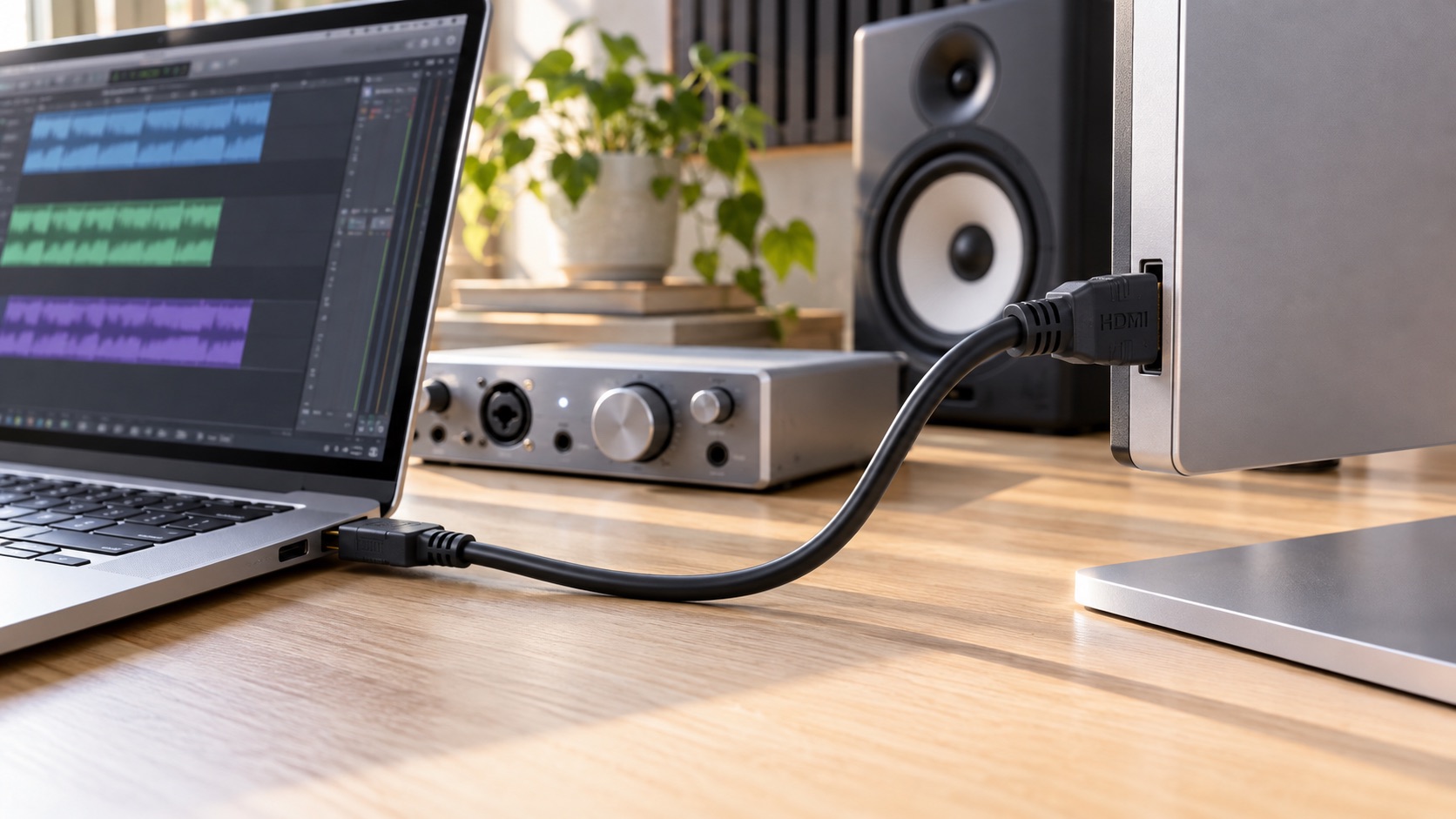 AI-generated illustration of an HDMI cable linking a laptop and studio display