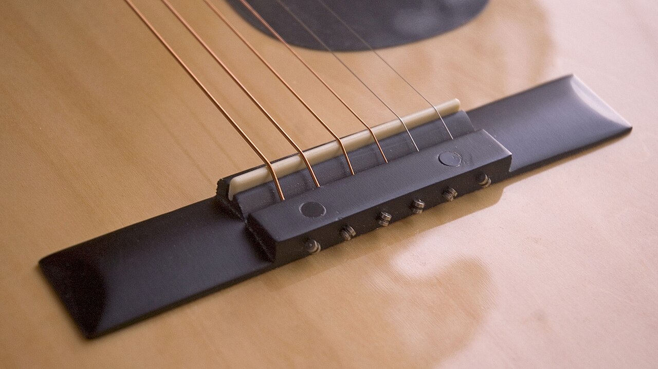 Bridge and strings on an acoustic guitar