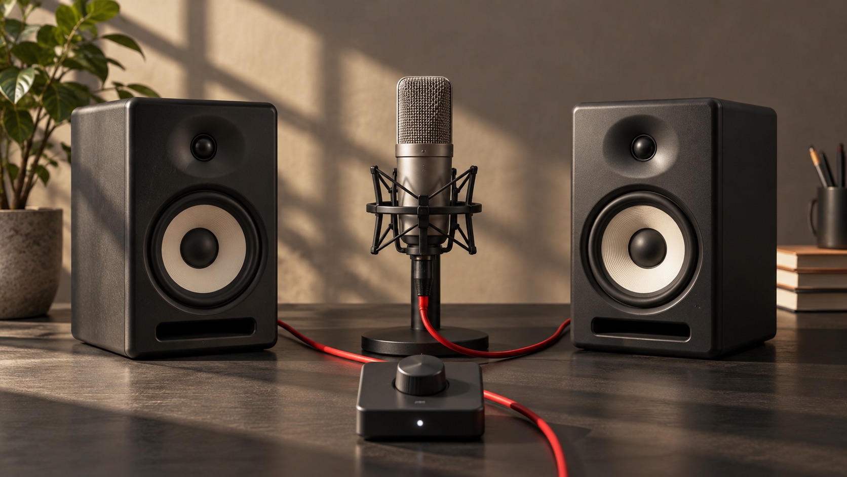 AI-generated illustration of two speakers, a microphone and monitor controller
