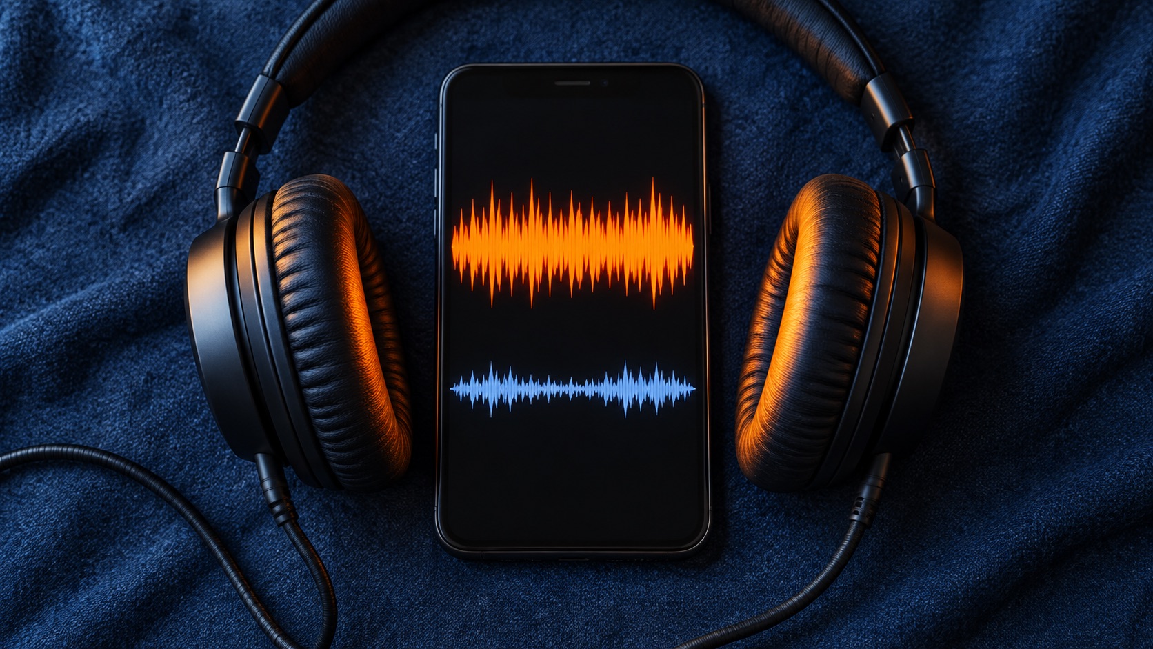 AI-generated illustration of headphones and two contrasting audio waveforms